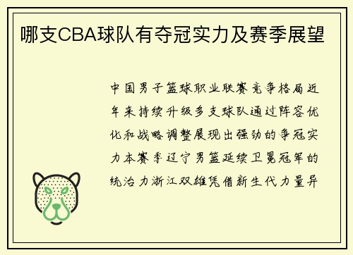 哪支CBA球队有夺冠实力及赛季展望